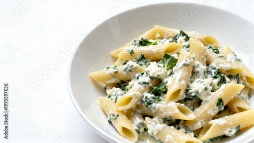 Fresh fettuccine pasta with creamy parmesan sauce and herbs in white bowl