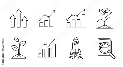 Set of growth and success icons including bar charts, upward arrows, a rocket, and a plant sprouting from the ground