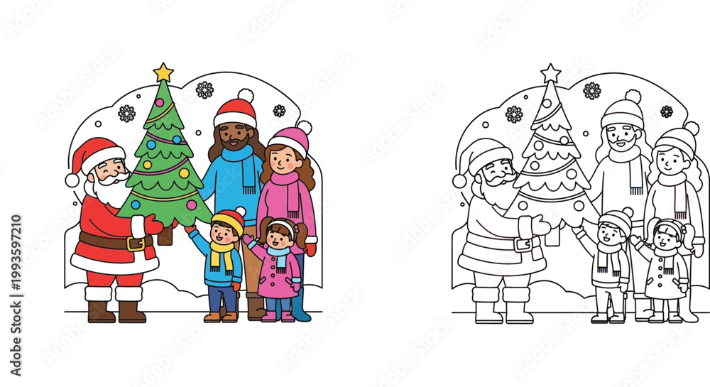 Obraz premium Santa Claus and happy family with Christmas tree vector illustration set including coloring page version