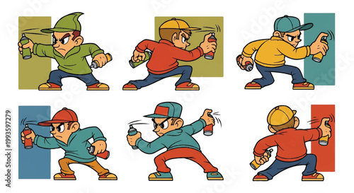 Cartoon graffiti artists spraying with can in action poses