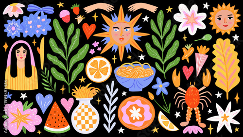 A vibrant colorful illustration featuring stylized suns flowers fruits and whimsical characters