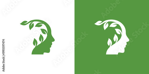 Green leaves and human face logo design nature and mind concept.