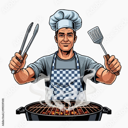 A cartoon chef grilling food on a barbecue with utensils in hand