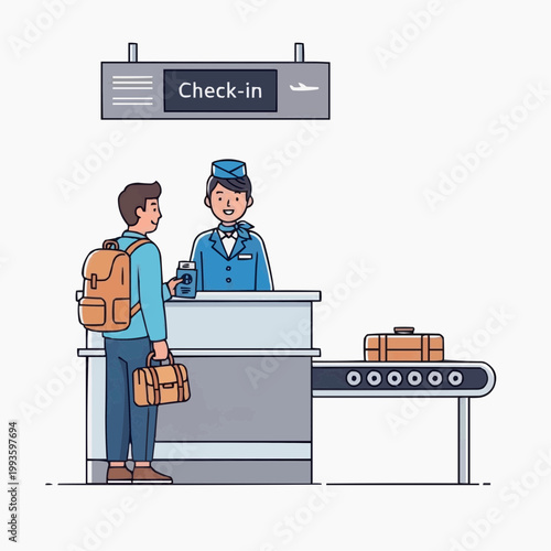 A cartoon illustration of a traveler checking in at an airport counter