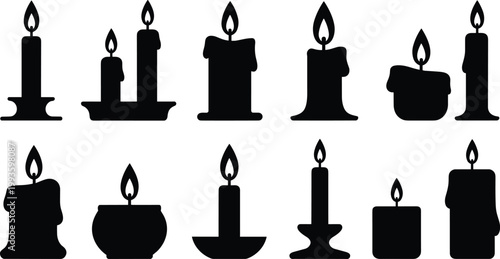 Candle Icons Set Wax Candle Flame Light Decoration Romantic Ambience