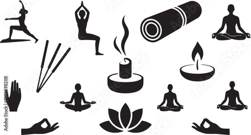 Yoga and Meditation Icons Set Lotus Pose Candle Incense Relaxation Zen