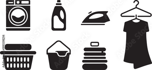 Laundry and Cleaning Icons Set Washing Machine Detergent Iron Clothes Basket