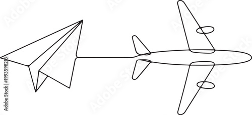 A continuous line drawing connects a simple paper airplane to a larger passenger jet on a white background