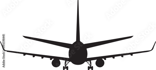 A striking rear silhouette of a large passenger aircraft with landing gear extended on a white background