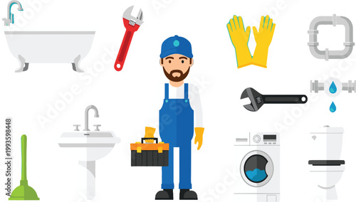 Plumbing Tools and Equipment Vector Illustration Featuring Plumber Character Sink Bathtub Wrench Gloves Toilet and Household Repair Elements