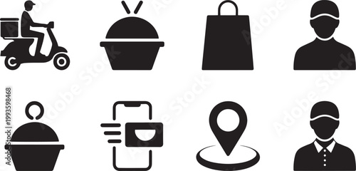 Food Delivery Service Icons Set Courier Scooter Mobile App Restaurant Location