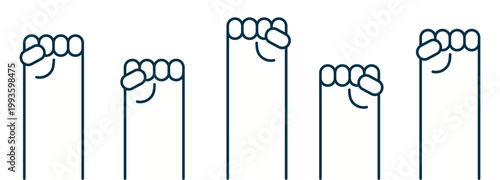 Clenched fists, hands raised illustration isolated. Power, victory, protest, political activism, empowerment, social change, community concept. Line vector, editable stroke Design element clip art