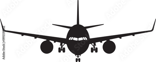 Black silhouette of a commercial passenger airplane viewed from the front on a white background