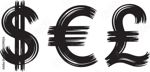 Bold black brush stroke currency symbols for dollar euro and pound on a white surface