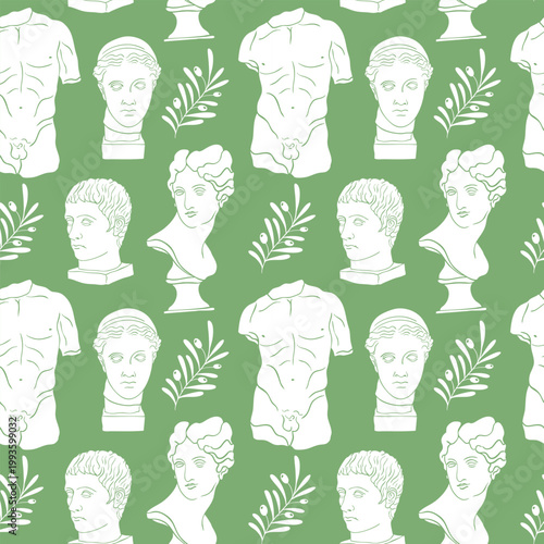 Ancient Greek sculptures pattern seamless. Antique statues, plants in line art style. Museum Style Ancient Sculpture Illustration, Fabric print
