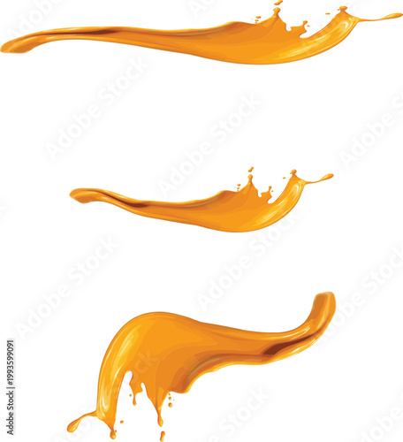 Collection of three golden honey or oil splashes and fluid waves isolated on transparent background