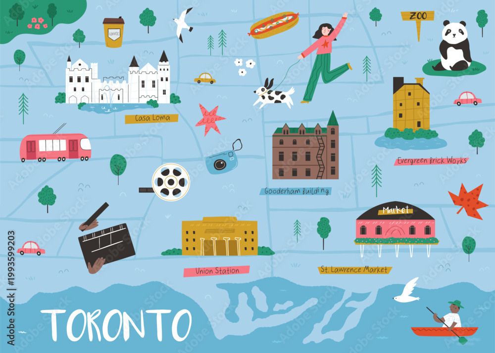 Obraz premium Toronto illustrated map with landmarks, nature and city lifestyle elements