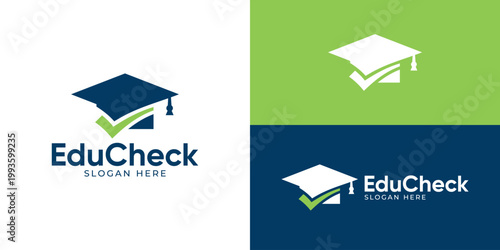 Creative simple education check logo template. Graduation hat with checkmark tick symbol, Correct study logo design vector illustration.