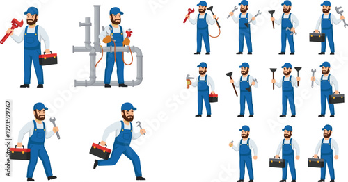 Professional Plumber Character Set Vector Illustration Featuring Technician with Tools Repairing Pipes and Performing Plumbing Services