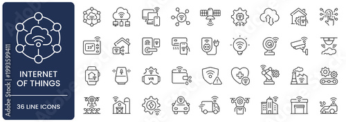 Internet of things IoT line icon set. Collection of smart home, industrial automation and network sensors outline vector symbols with editable stroke.