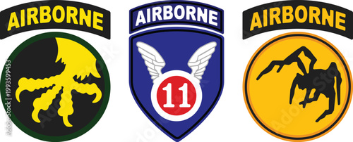 Historical patches from the airborne division featuring distinct unit symbols