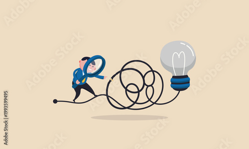 Businessman with magnifying glass examines tangled wire leading to light bulb idea.