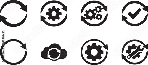 Sync process reload icon set with circular arrows and gear, editable EPS for workflow and system UI