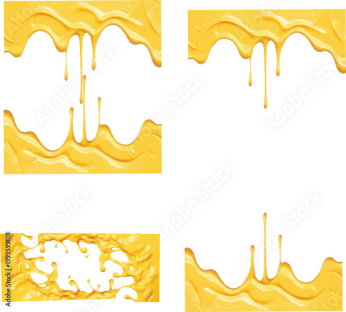 Melted cheese or honey drips and borders in rectangular frames isolated on transparent background