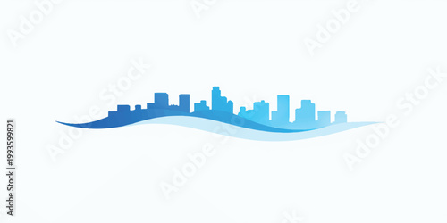 A blue 3d vector illustration of a modern urban city skyline featuring skyscraper silhouettes and office tower architecture across a downtown business district