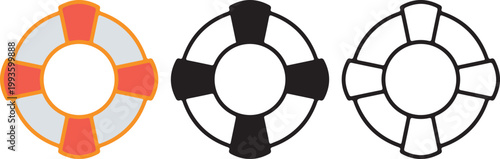Lifebuoy Icon Set – Nautical Life Preserver Rings in Solid, Outline and Hand-Drawn Vector 