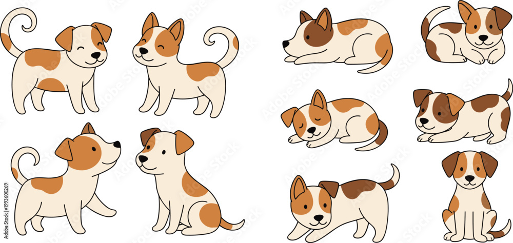 Obraz premium Cute Dog Character Vector Set Featuring Cartoon Puppies Standing Sitting Running and Lying in Different Poses for Pet Design