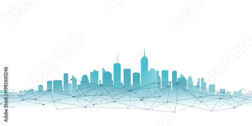 Modern 3D vector illustration of an urban city skyline featuring sleek skyscrapers and business architecture reflected in a downtown landscape design