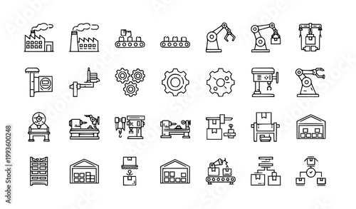 Industrial production line icon vector set with factory conveyor robotic arm and manufacturing symbols