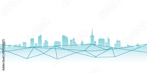 Abstract blue vector illustration of a 3d city skyline featuring urban architecture and skyscraper silhouettes for a modern business cityscape background design