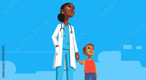 Diverse female doctor in white coat holding hands with a young boy, symbolizing hope and future in healthcare
