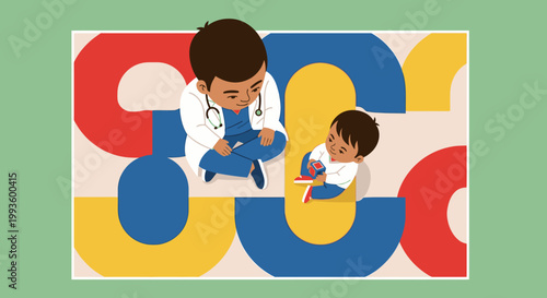 Doctor in white coat comforting a child on a colorful rug with abstract shapes, symbolizing care and trust.