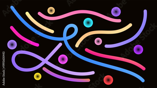 Abstract Dark Background With Spiral Ribbons Waves Organic Shapes Rainbow Gradient Lines Colorful Design Vector. Ideal for Social Media Posts, Website Banners, Presentations, Branding and Digital 