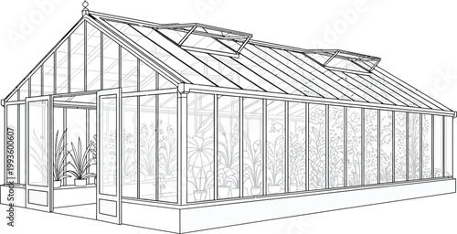 Greenhouse, glasshouse, garden shed, vector illustration, line drawing, architecture