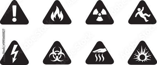 Warning triangle icon set with hazard signs, flammable and radiation symbols, editable EPS vector