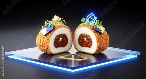 minimalist tech aesthetic, curry bread (kare-pan) showing a perfect cross-section of bread, curry, crispy coating, featuring geometric accents of gold leaf, microgreen