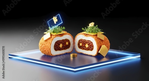 minimalist tech aesthetic, curry bread (kare-pan) showing a perfect cross-section of bread, curry, crispy coating, featuring geometric accents of gold leaf, microgreen