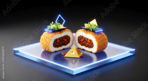 minimalist tech aesthetic, curry bread (kare-pan) showing a perfect cross-section of bread, curry, crispy coating, featuring geometric accents of gold leaf, microgreen