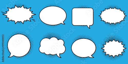 Vector set of Comic  speech bubbles and fluffy frames. Speech bubble vector set . Comic speech bubble doodle set. Explosion manga speech balloon. 