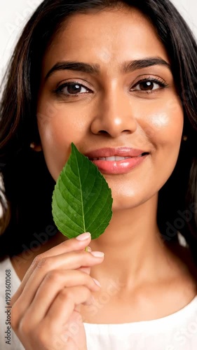 Young Woman Holding Green Leaf Near Eye.