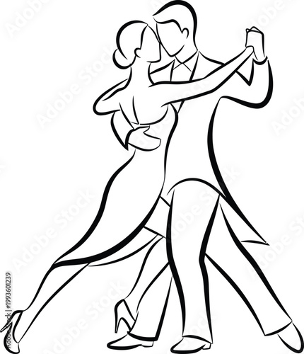 Elegant couple dancing ballroom tango waltz together, romantic dance partners outline illustration, performance art music concept vector