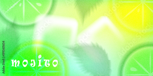 Fresh Mojito Background with lime slices, mint, ice, with gradient, blurred texture. Grainy realistic vector poster. Menus, beverage branding, summer advertising, cocktails promotion, refreshing drink