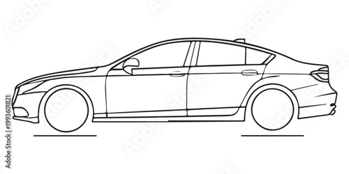 Minimal line art car driving on road transportation concept vector illustration on background.