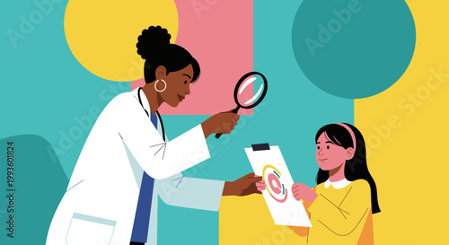 Doctor examining a child's health chart with a magnifying glass, emphasizing pediatric care and medical examination