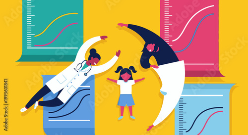 Doctor and parent protecting child's growth chart, symbolizing healthcare, development, and family well-being