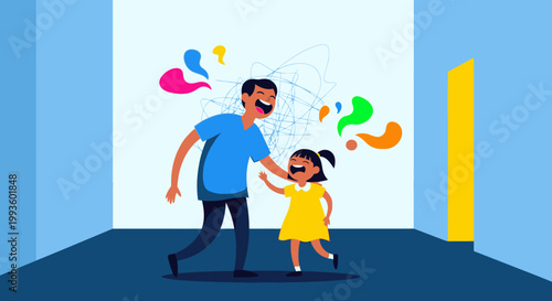 Father and daughter laughing and playing together, expressing joy and happiness in a colorful, abstract burst of emotions.